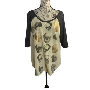 Lane Bryant Women's Large Top Ringer Metallic Skull graphic 3/4 Sleeves Sheer